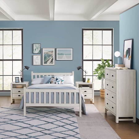 Alaterre Furniture Windsor 4-Piece Bedroom Set with Slat Full Bed, 2 Nightstands, and 5-Drawer Chest, White ANWI2031R2